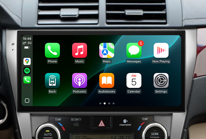 In-car view showing the wireless Apple CarPlay interface on a Toyota Sienna head unit touchscreen, displaying apps like Phone, Messages, Maps, and Spotify for easy access while driving.