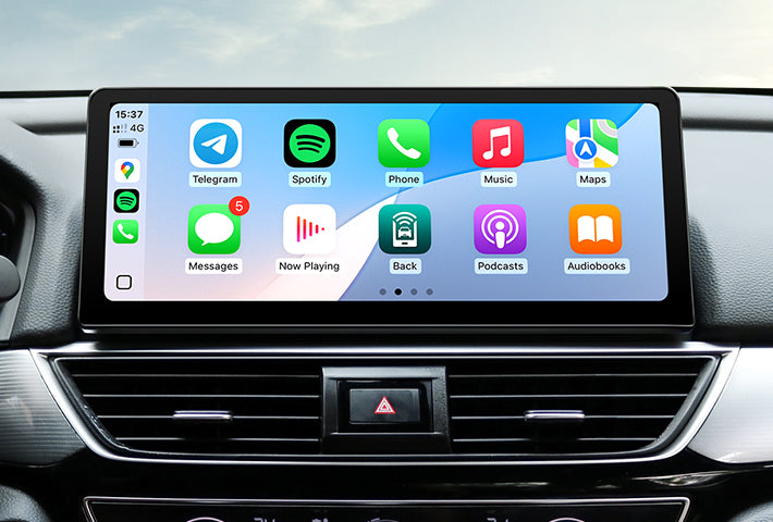 In-car view showing the wireless Apple CarPlay interface on a Toyota Sienna head unit touchscreen, displaying apps like Phone, Messages, Maps, and Spotify for easy access while driving.