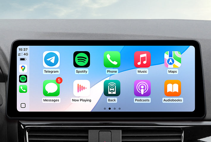 In-car view showing the wireless Apple CarPlay interface on a Toyota Sienna head unit touchscreen, displaying apps like Phone, Messages, Maps, and Spotify for easy access while driving.