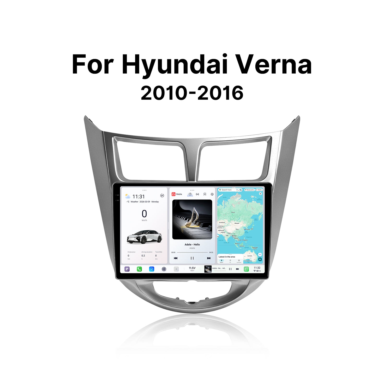 Youducar 9.5 Inch Android Car Screen For Hyundai Verna 2010-2016 Silver Dashboard Frame