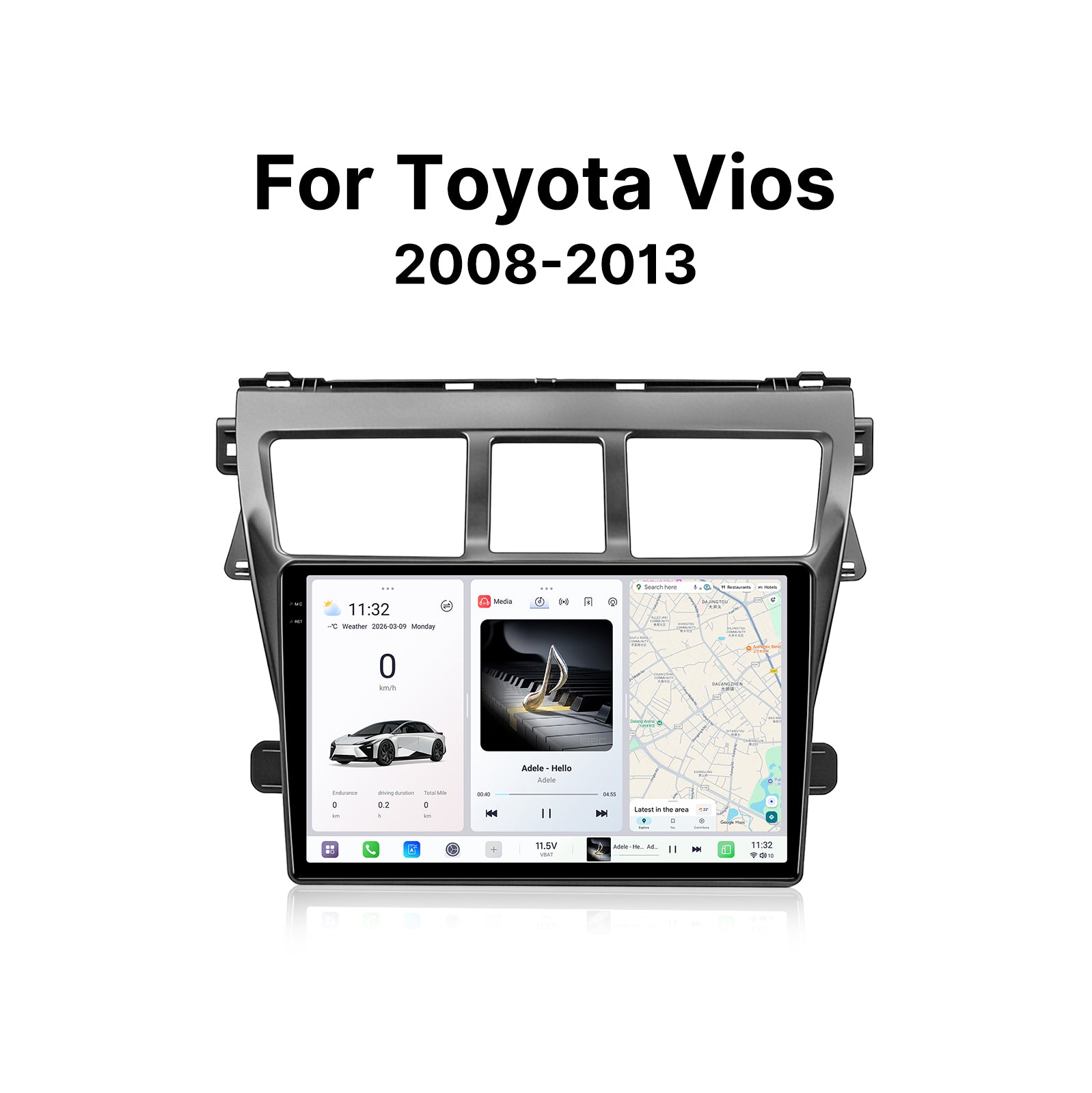 Youducar 9.5'' HD Android Touch Display + Dash Frame for Toyota Vios 2008-2013, Wireless CarPlay Navi Upgrade Kit