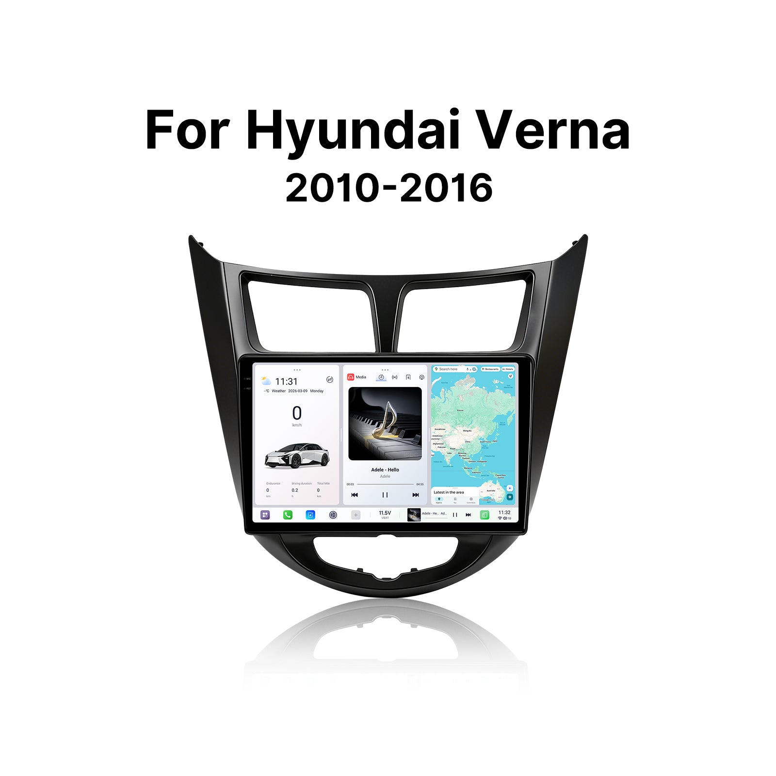 Youducar 9.5" Android Car Screen For Hyundai Verna 2010-2016 Matte Black Dashboard Frame