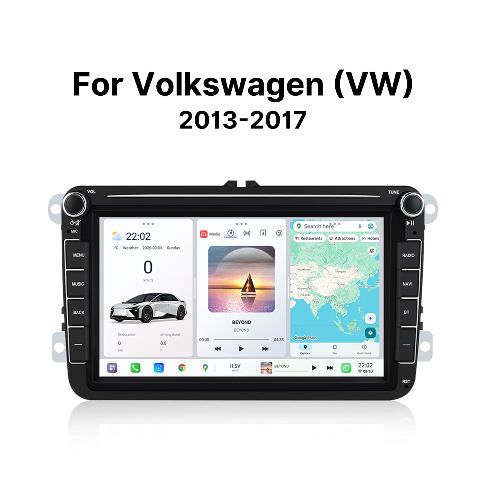 Youducar 8 Inch Double Knob Style C Design Universal Car Stereo for Volkswagen, Android Touch Screen CarPlay & Android Auto Head Unit