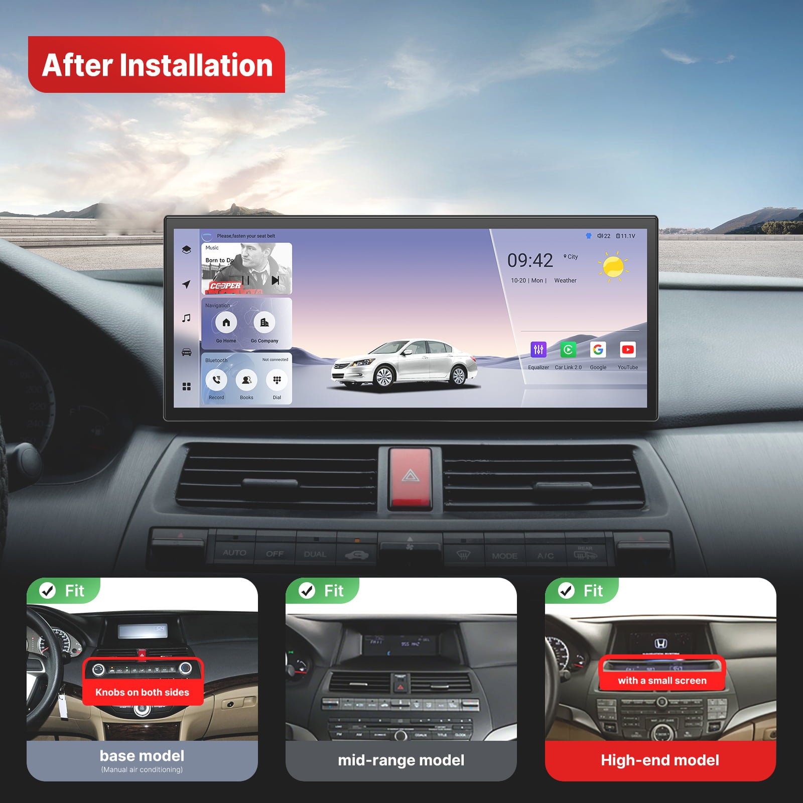 After-installation photo montage of a large-screen car head unit. The main image shows the unit powered on in a dashboard, displaying a vivid interface with time (09:42), weather, a vehicle graphic, and app icons for Music and Navigation. Below, three smaller inset photos are each marked with a green “Fit” checkmark, demonstrating the unit’s seamless compatibility with different factory radio styles: a base model with knobs, a mid-range model, and a premium model with a smaller screen. This visual illustrat