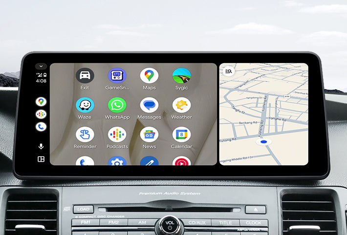 In-car view showing the Android Auto interface on a Toyota Sienna head unit, featuring a multi-pane layout with navigation and communication apps, compatible with both wired and wireless connections.