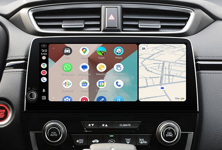 In-car view showing the Android Auto interface on a Toyota Sienna head unit, featuring a multi-pane layout with navigation and communication apps, compatible with both wired and wireless connections.