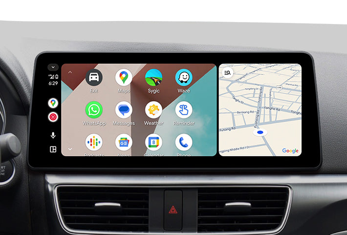 In-car view showing the Android Auto interface on a Toyota Sienna head unit, featuring a multi-pane layout with navigation and communication apps, compatible with both wired and wireless connections.