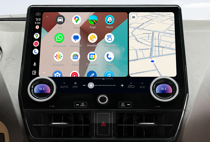 In-car view showing the Android Auto interface on a Toyota Sienna head unit, featuring a multi-pane layout with navigation and communication apps, compatible with both wired and wireless connections.