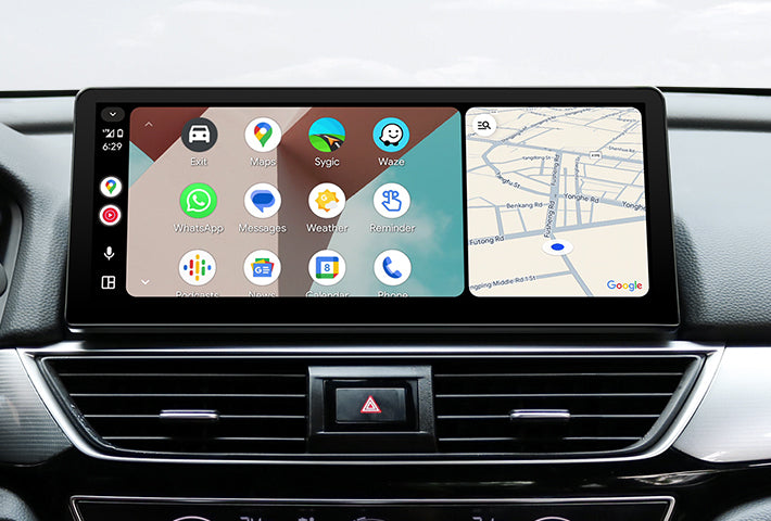 In-car view showing the Android Auto interface on a Toyota Sienna head unit, featuring a multi-pane layout with navigation and communication apps, compatible with both wired and wireless connections.