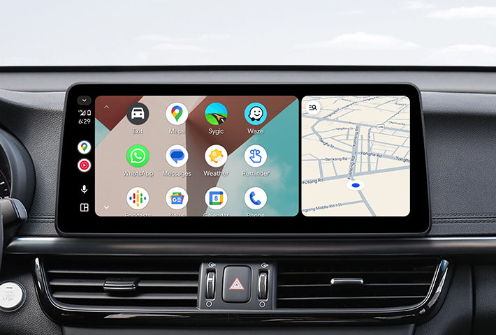 In-car view showing the Android Auto interface on a Toyota Sienna head unit, featuring a multi-pane layout with navigation and communication apps, compatible with both wired and wireless connections.