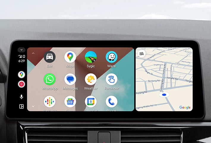 In-car view showing the Android Auto interface on a Toyota Sienna head unit, featuring a multi-pane layout with navigation and communication apps, compatible with both wired and wireless connections.