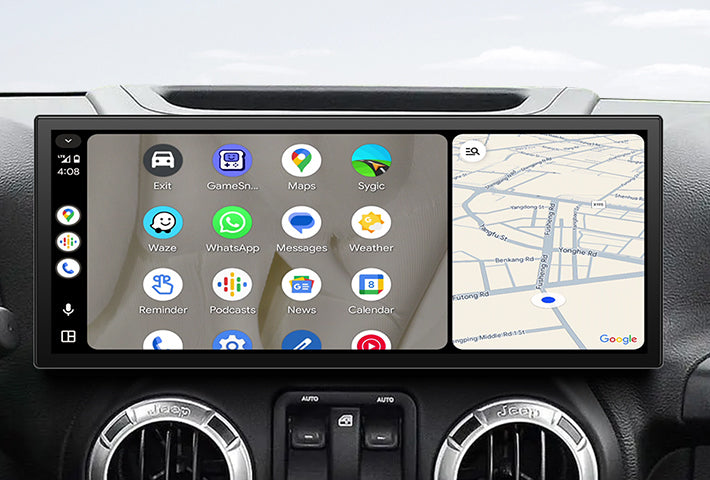 In-car view showing the Android Auto interface on a Toyota Sienna head unit, featuring a multi-pane layout with navigation and communication apps, compatible with both wired and wireless connections.