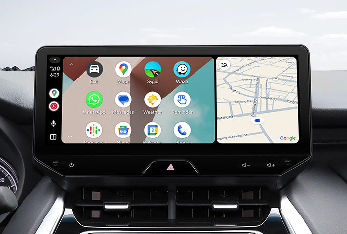In-car view showing the Android Auto interface on a Toyota Sienna head unit, featuring a multi-pane layout with navigation and communication apps, compatible with both wired and wireless connections.