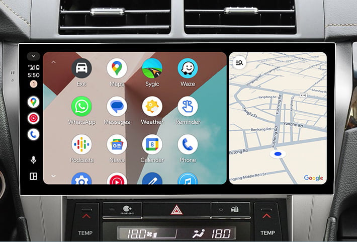 In-car view showing the Android Auto interface on a Toyota Sienna head unit, featuring a multi-pane layout with navigation and communication apps, compatible with both wired and wireless connections.