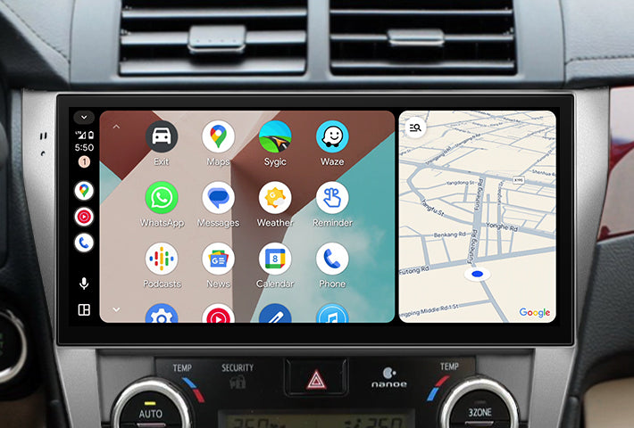 In-car view showing the Android Auto interface on a Toyota Sienna head unit, featuring a multi-pane layout with navigation and communication apps, compatible with both wired and wireless connections.