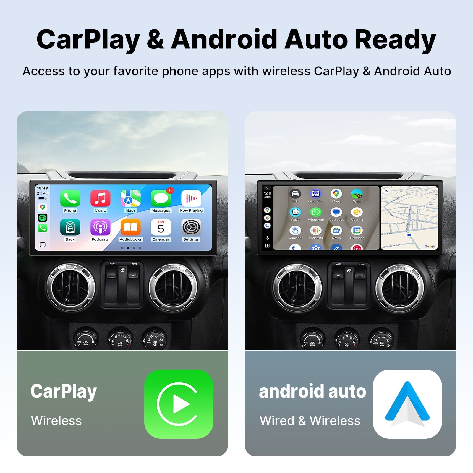 Youducar 12.3-Inch Android Head Unit for Jeep Wrangler JK (2011-2017) | Rugged Touchscreen with Wireless CarPlay & Android Auto Jeep