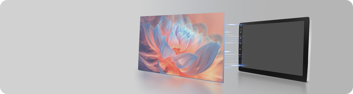 Example of standard Non-Optical Bonding screen issue. Shows a less vibrant image on the left, and a device on the right with a screen that appears gray when off due to an air gap, which is prone to dust accumulation over time.