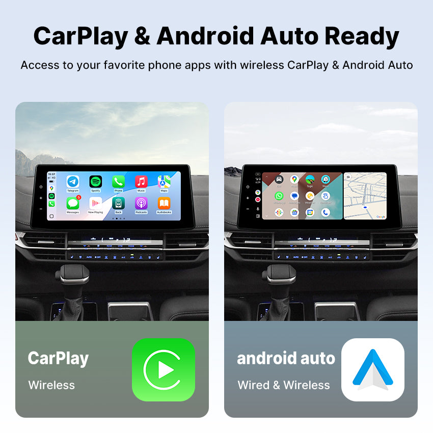 Visual guide showing the Youducar head unit’s compatibility with both Apple CarPlay (wireless) and Android Auto (wired & wireless) in a Toyota Sienna. The left side illustrates the wireless CarPlay interface with app icons, and the right side shows the Android Auto interface with navigation, highlighting seamless smartphone integration.