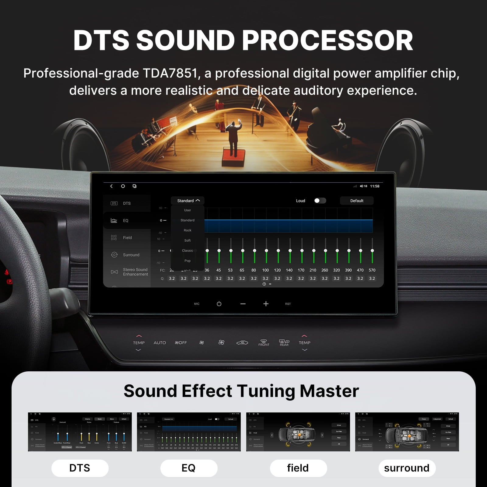 Promotional graphic for the DTS Sound Processor audio system, featuring the professional TDA7851 digital power amplifier chip. The image shows a car’s touchscreen interface with the title “DTS SOUND PROCESSOR” and “Sound Effect Tuning Master”. In the background, a conductor leads an orchestra, symbolizing masterful control over audio. The screen displays various equalizer bands (Treble, Mid, Bass) and sound effect controls (DTS, Reverb, FX), emphasizing the system’s ability to deliver a realistic, immersive