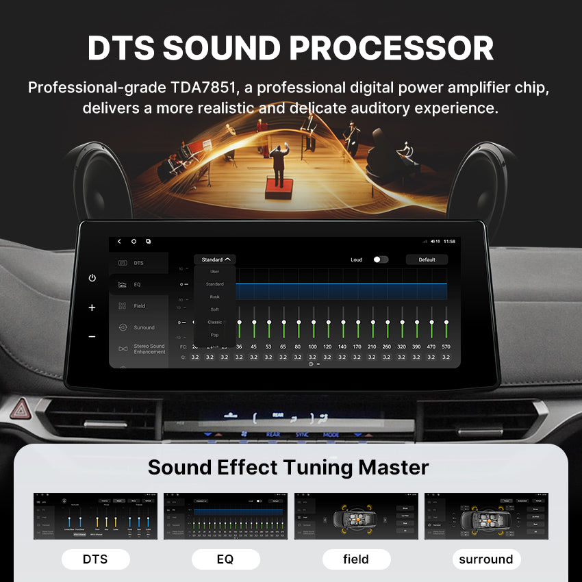 Promotional visual for the Youducar professional audio system featuring DTS Sound Processor technology and the TDA7851 digital power amplifier chip. The image shows a car head unit's audio tuning interface with controls for EQ, Field, and Loudness adjustments, set against a backdrop of a live band performance, symbolizing concert-hall quality sound.