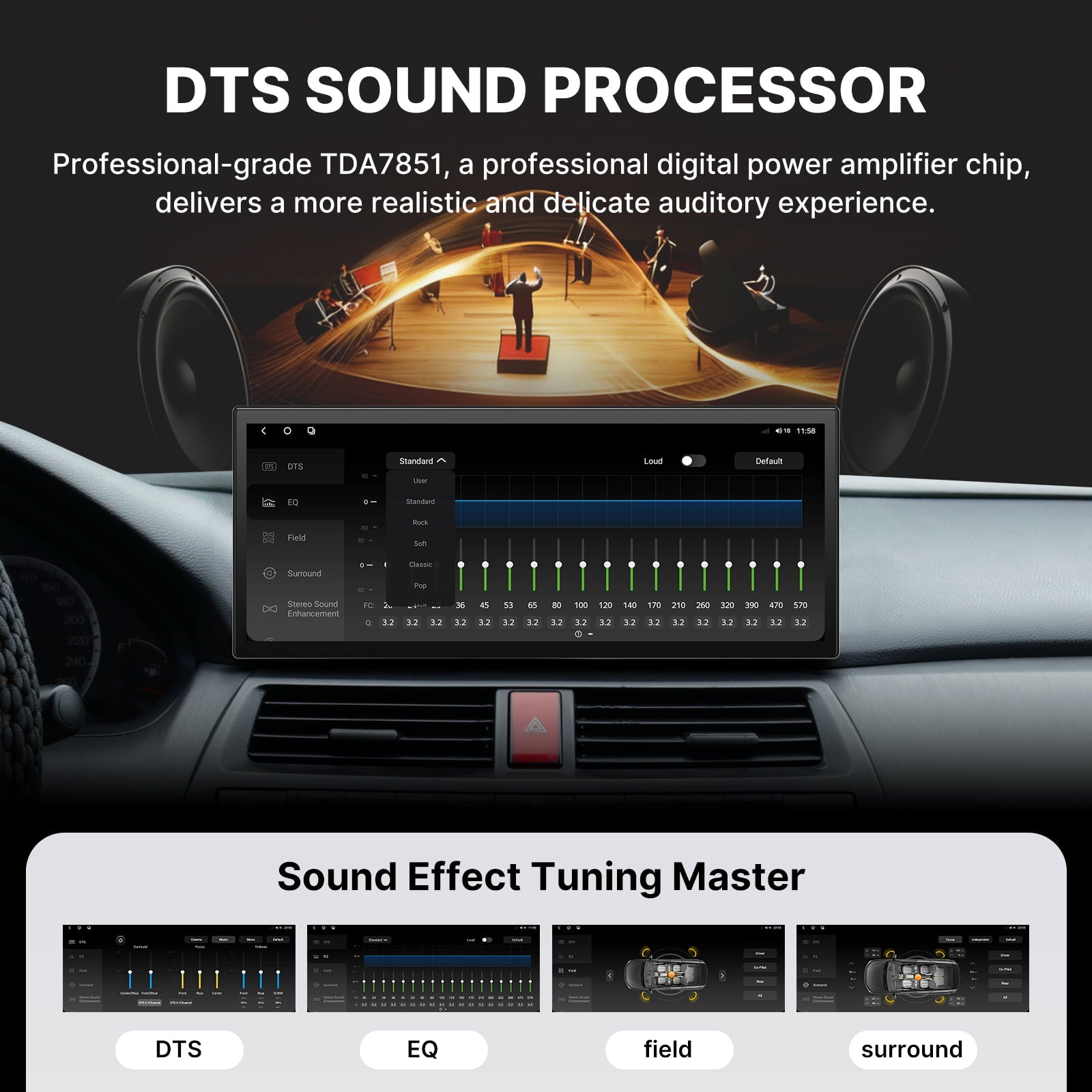 Promotional image for the DTS Sound Processor professional audio system in the Honda Accord. The in-car touchscreen displays the title “DTS SOUND PROCESSOR” and text highlighting the “Professional-grade TDA7851 digital power amplifier chip” for a realistic auditory experience. The interface shows a multi-band equalizer with sliders, sound presets (Standard, Loud, Rock, Pop, etc.), and detailed frequency adjustments. The background features a golden concert hall with a conductor, symbolizing high-end, immers