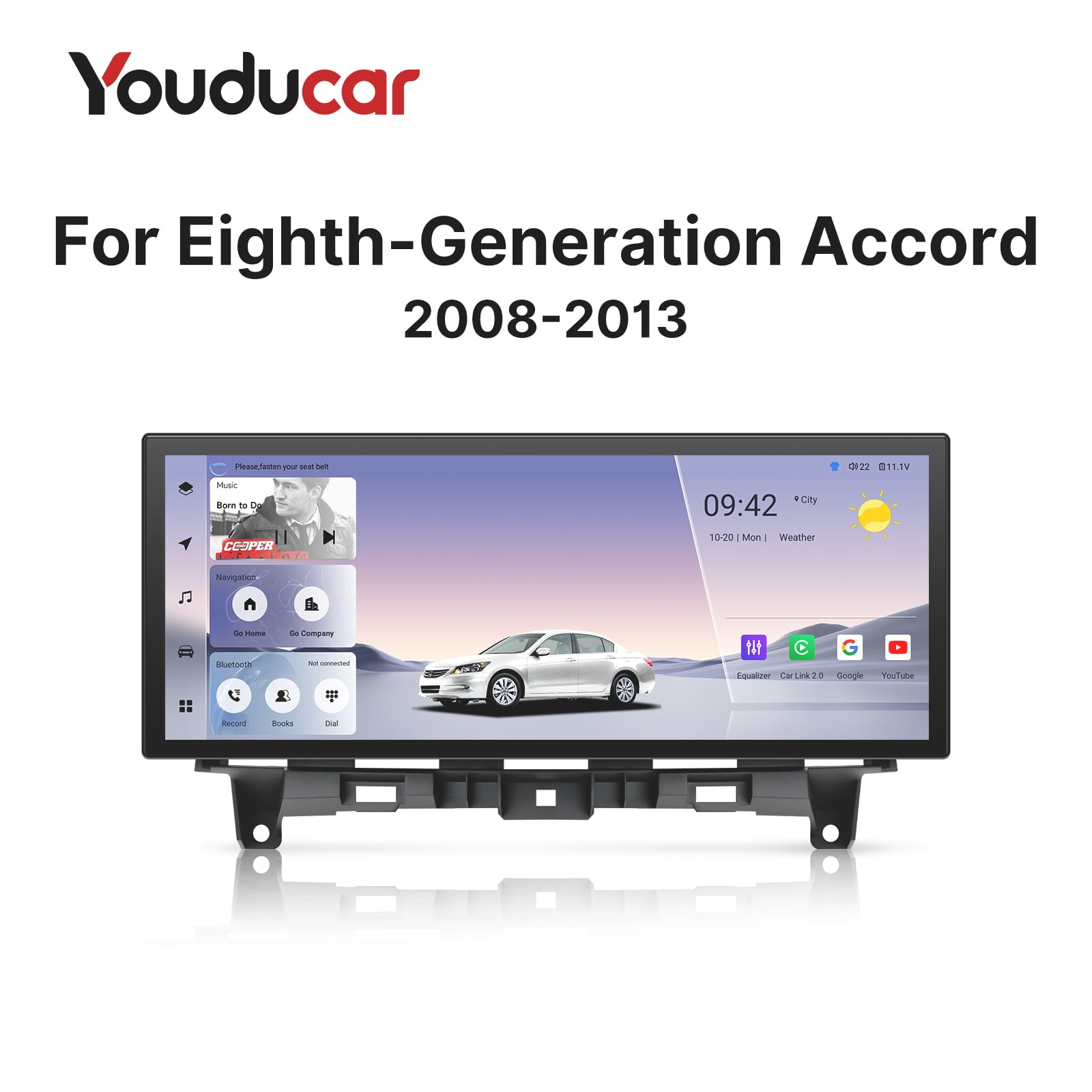 Main interface of the Youducar Android head unit designed for the eighth-generation Honda Accord (2008-2013). The screen displays a modern UI with a white Honda Accord vehicle driving on an open road against a gradient sky. Interface elements include time (09:42), date (10-20, Mon), app shortcuts for Music, Navigation, and media controls showing the song “Born to Do”. Branding clearly states “Youducar for Eighth-Generation Accord 2008-2013”.