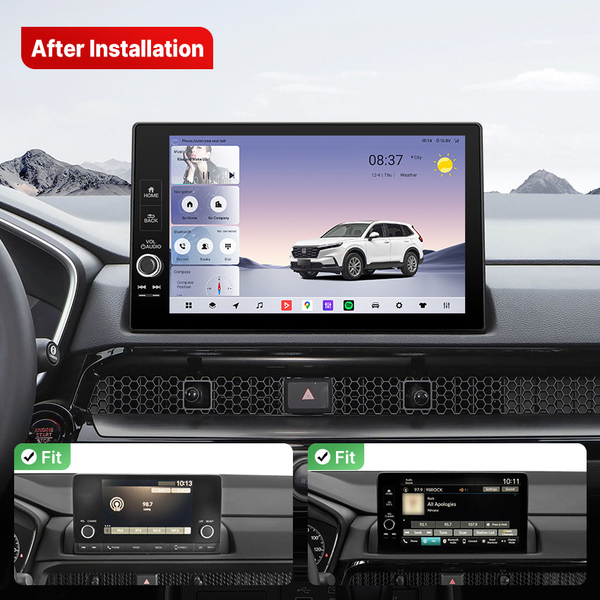 Visual proof of the Youducar head unit after professional installation in a Honda CR-V. The main image shows the system powered on with a clean interface displaying a vehicle graphic, time, weather, and app shortcuts. The two inset images below highlight the perfect “Fit” with seamless integration into the dashboard, demonstrating no gaps or protrusions compared to the original layout.