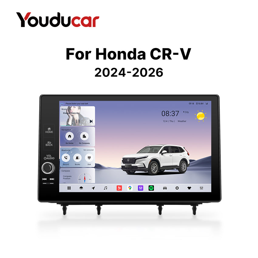 Main promotional image of the Youducar head unit designed specifically for the Honda CR-V (2024-2026 models). Shows the large touchscreen display with a clean interface featuring time (08:37), date/weather (12-4, Thu), and app icons for Navigation, Audio, Voice, and Compass. The “Youducar” logo is shown with distinctive red and black typography.