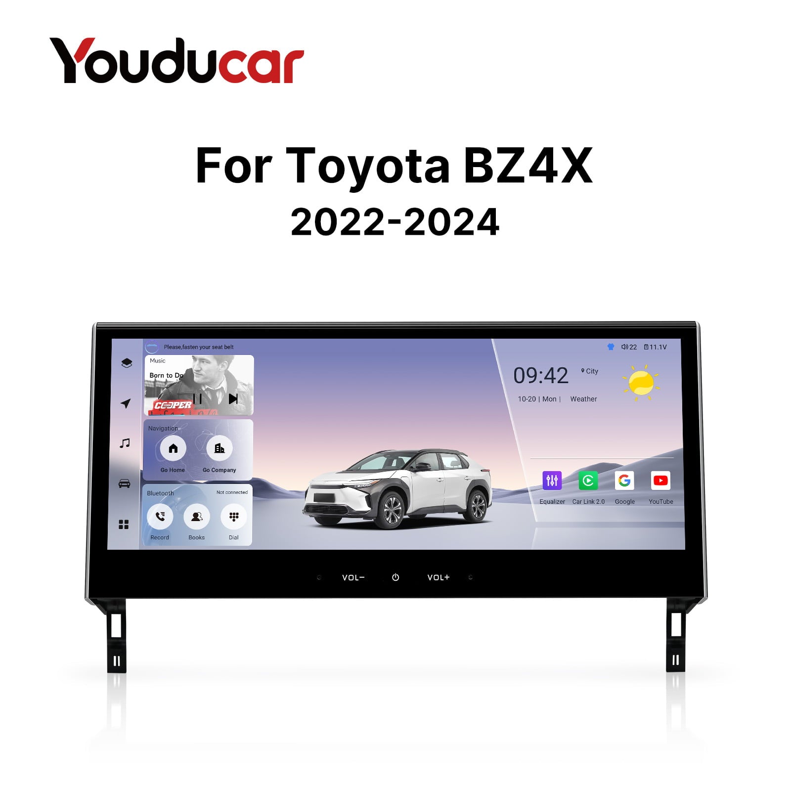 Main promotional image of the Youducar Android head unit designed for the Toyota bZ4X (2022-2024). The large touchscreen displays a sophisticated interface with a vehicle graphic, time (09:42), date, weather, and quick-access panels for Navigation (“Go Home”) and Media. App icons for Google Services, phone, and settings are visible, showcasing the smart, connected infotainment hub designed for the electric SUV’s cockpit.