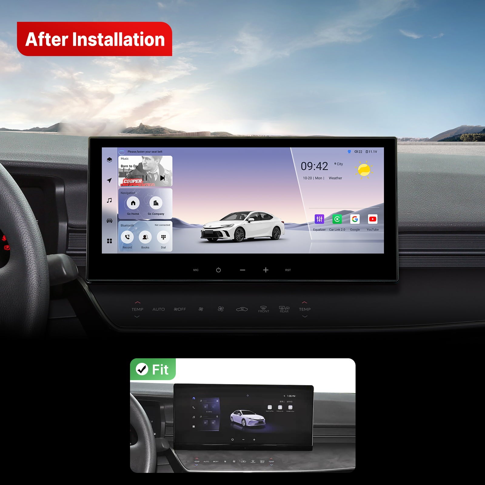 Before-and-after installation demo for the Youducar head unit. The top section shows the system powered on in a real driving environment: the interface displays time (09:42, Monday), weather, music info (“Born to Do”), and app shortcuts against an open road backdrop. The bottom inset image highlights the perfect “Fit” with a green checkmark, showing the unit seamlessly installed in a Toyota Camry dashboard with no gaps, demonstrating OEM-level integration.