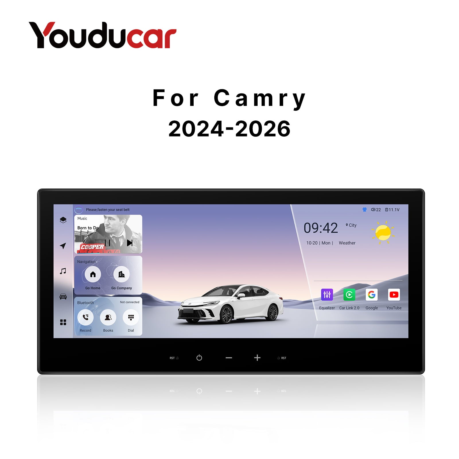 Main promotional image of the Youducar Android head unit seamlessly integrated into a Toyota Camry (2024-2026) dashboard. The large touchscreen displays a live interface with time (09:42), date, weather, music playback (“Born to Do”), navigation, and app icons for CarPlay, Google services, and audio controls. A white Camry is shown driving on an open road in the background.