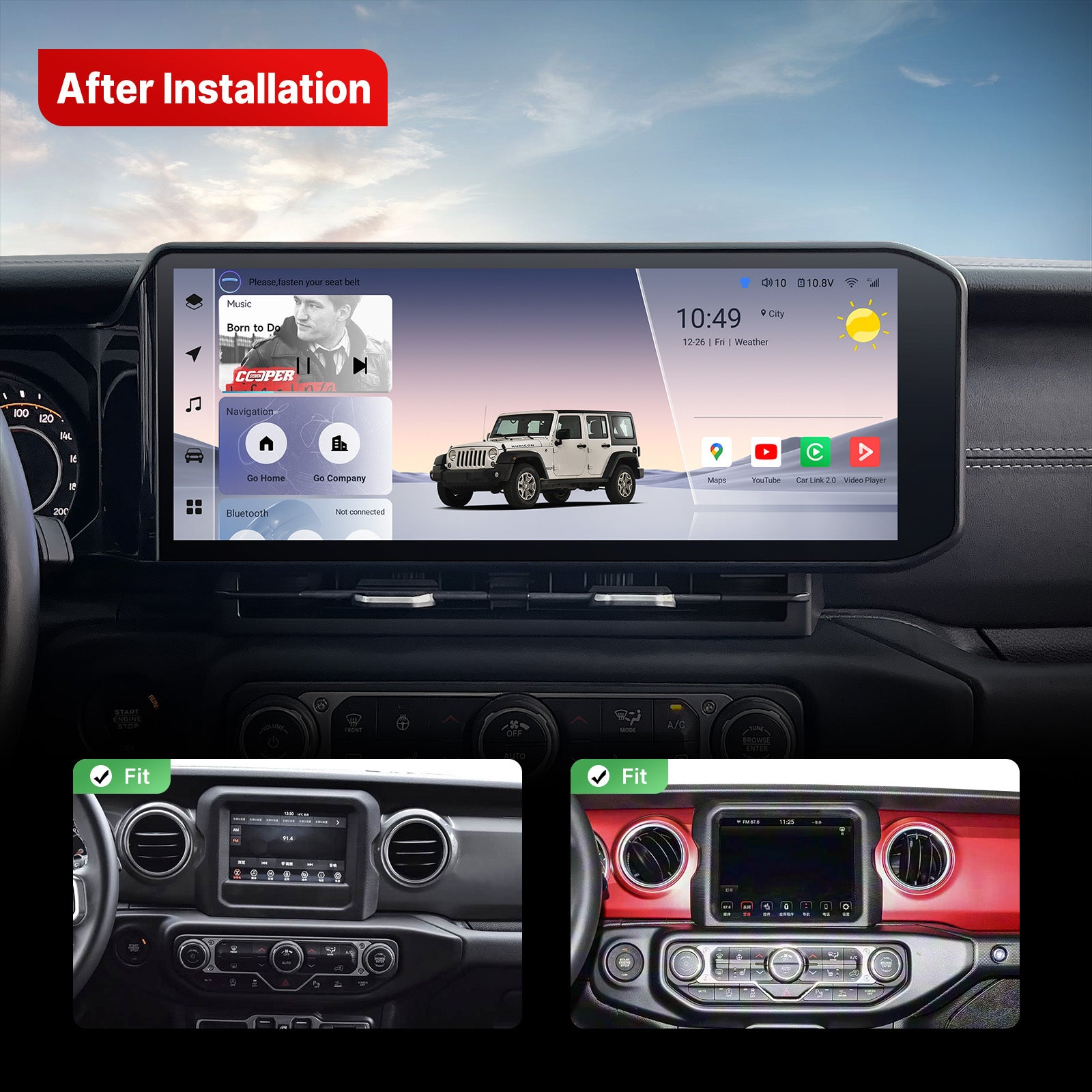 Before-and-after installation demo of the Youducar head unit in a Jeep Wrangler. The main image shows the system powered on with a rugged interface. Two inset photos below highlight the perfect “Fit” in different Wrangler models, showing seamless, gap-free integration with the dashboard.