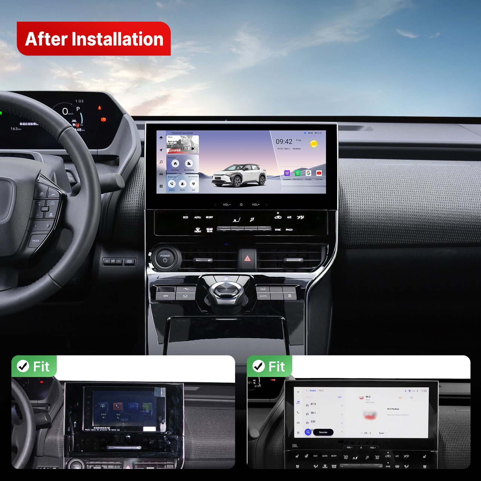 “After Installation” photo demonstrating the OEM integration of the Youducar head unit in a Toyota bZ4X. The main image shows the system powered on, displaying a clean interface with a vehicle graphic and the time 09:42. The dashboard’s climate vents and physical buttons (ECO, AUTO, SYNC) are visible below. Two inset images below are each marked with a green “Fit” check (✔), showcasing the perfect, gap-free fit from another angle and a detailed view of the integrated audio controls. The image emphasizes the