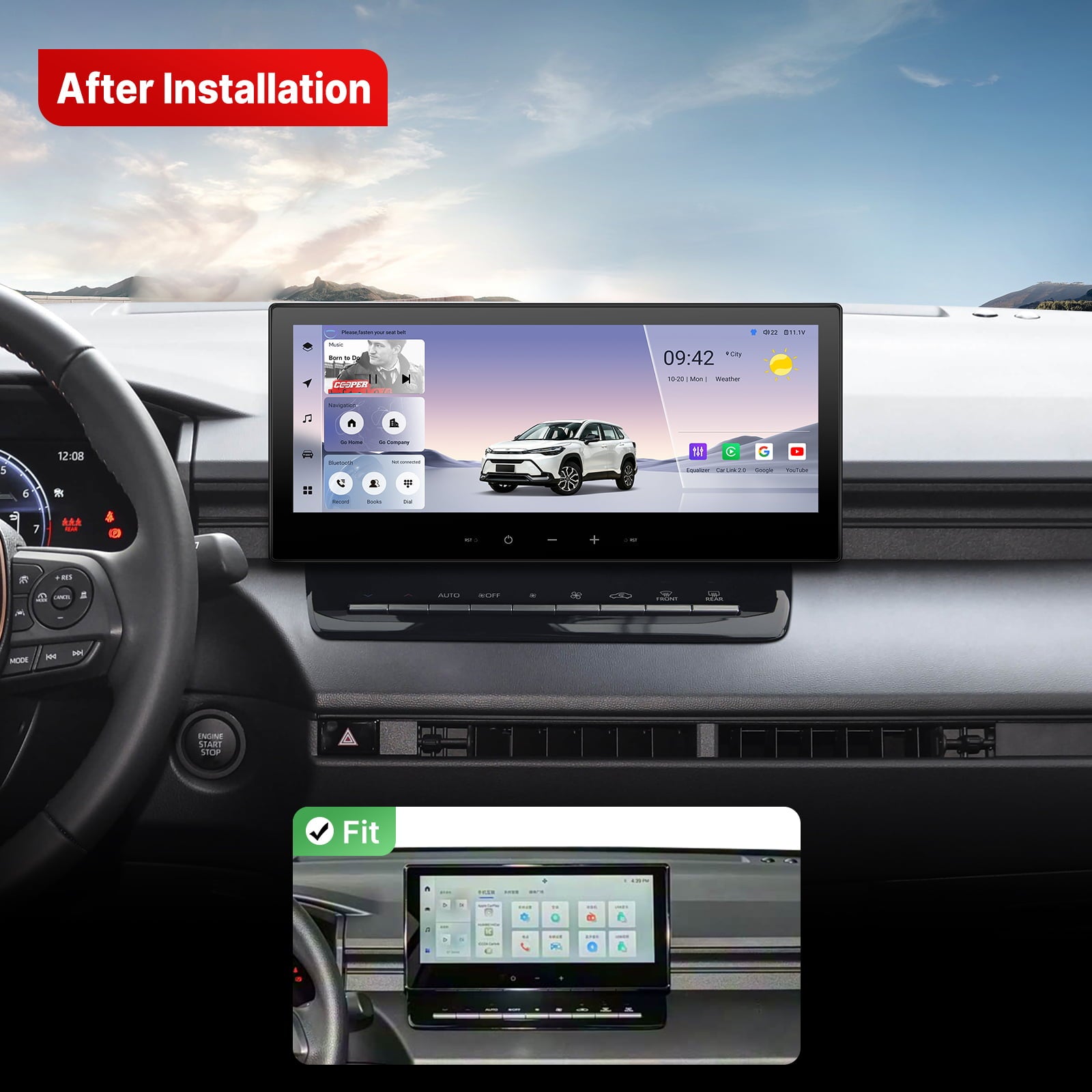 “After Installation” demonstration for the Youducar head unit in a Toyota Corolla Cross. The main image shows the system powered on with a vivid interface displaying a vehicle graphic, time (12:08), weather, and app icons for Music and Navigation. Below, an inset photo with a prominent green “Fit” checkmark highlights a second, perfectly integrated screen style, showcasing the OEM-level compatibility and seamless, gap-free dashboard integration achievable in the vehicle.