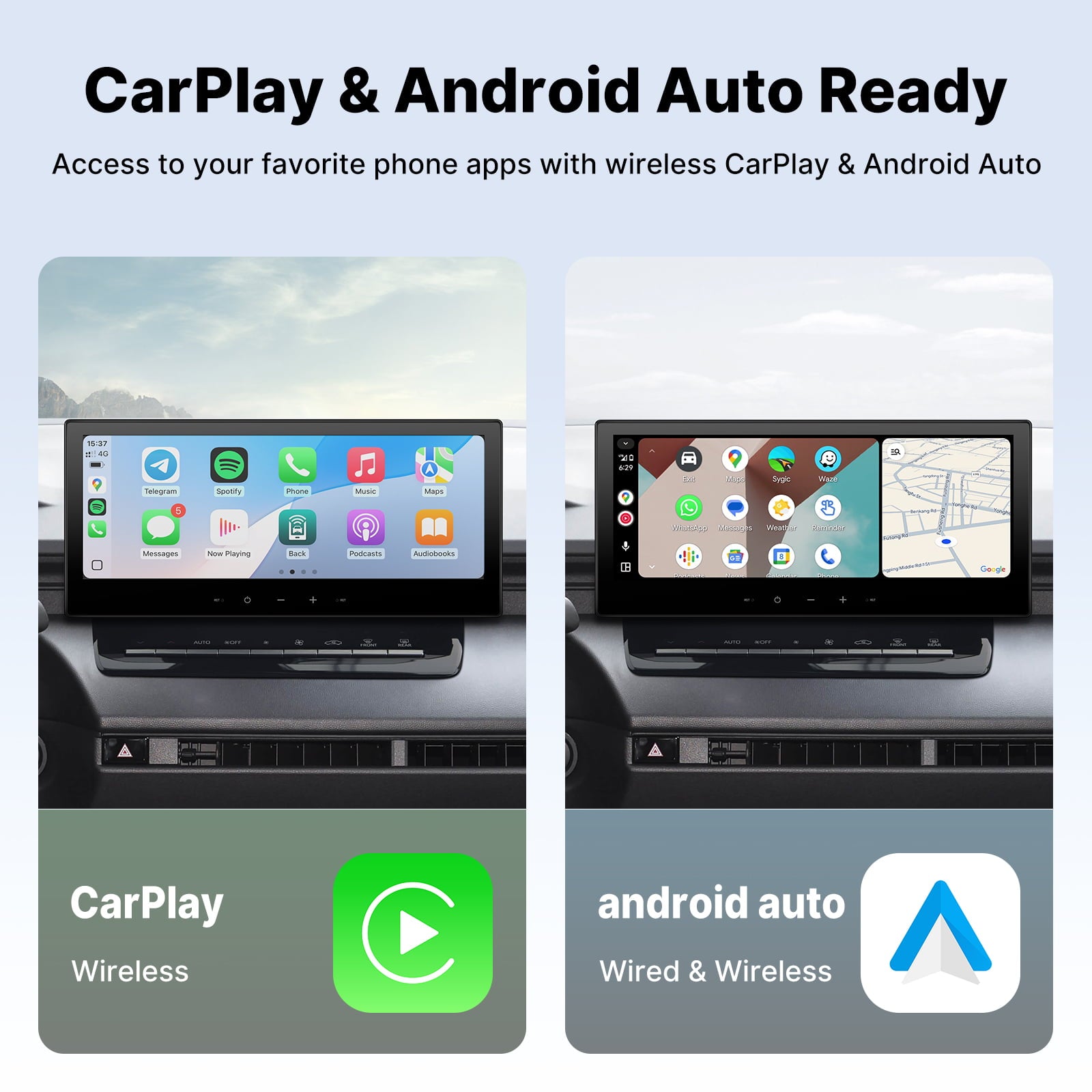 Promotional graphic titled “CarPlay & Android Auto Ready”， showcasing smartphone connectivity for the Toyota Corolla Cross. The image is split into two vertical panels. The left side， labeled “CarPlay Wireless”， displays an in-car screen with an Apple CarPlay interface showing apps like Maps， Phone， and Spotify against a blurred outdoor backdrop. The right side， labeled “android auto Wired & Wireless”， shows a screen with the Android Auto interface. This side-by-side comparison visually demonstrates the sea
