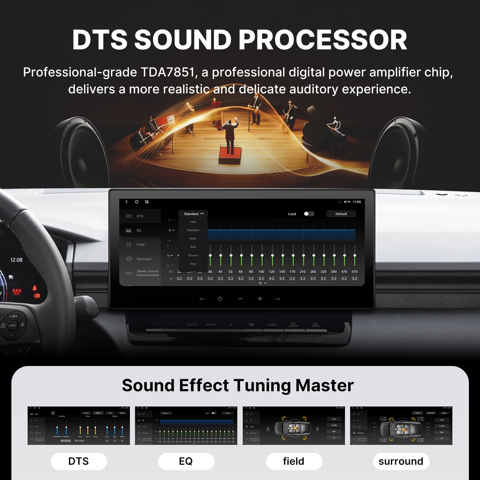 Promotional graphic for the DTS Sound Processor professional audio system in the Toyota Corolla Cross. The image shows a car touchscreen interface titled “DTS SOUND PROCESSOR” and “Sound Effect Tuning Master”， powered by the TDA7851 digital power amplifier chip for a realistic auditory experience. The interface displays sound mode selectors (DTS, EQ, Field, Surround) and a central audio visualization. The background features a golden concert stage with performers and large speakers, symbolizing masterful co